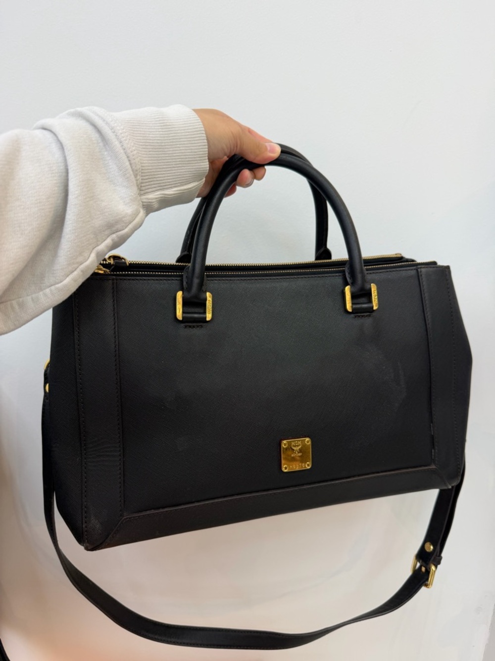 MCM Classic Black Leather Satchel with Gold Hardware and shoulder strip